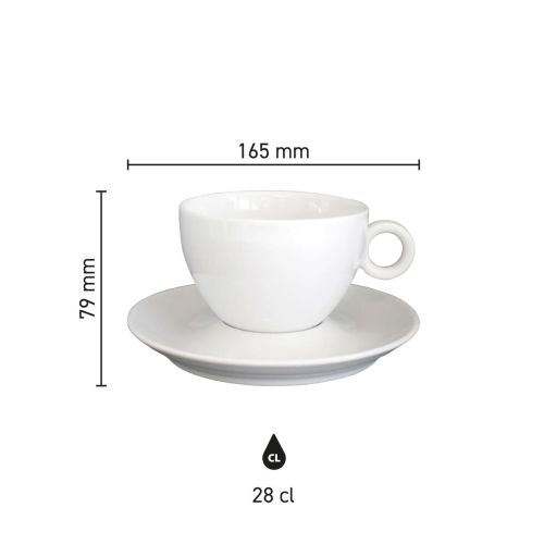 Infographic showing height, capacity and diameter of the Bola coffee latte cup 28 cl. porcelain.