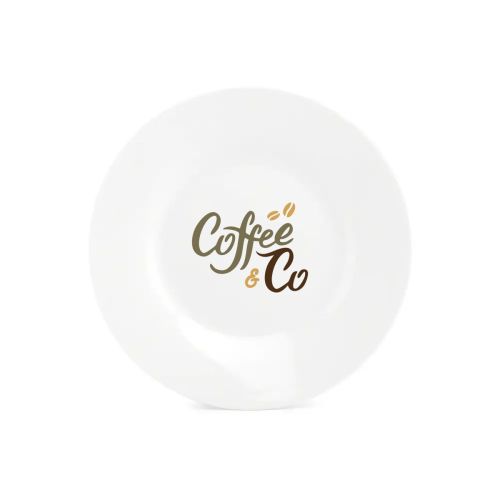 Plate Basic line 15 cm with multicoloured CoffeeCo logo visible on the front surface. Plate Basic line 15 cm with multicoloured CoffeeCo logo visible on the front surface.