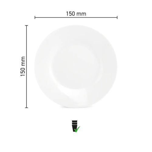 Infographic shows the diameter and rim height of the Basic 15 cm porcelain plate. Infographic shows the diameter and rim height of the Basic 15 cm porcelain plate.