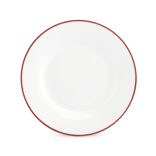 Plate Basic line 20 cm of white porcelain with red rim and 20 cm diameter, visible in frontal view. Plate Basic line 20 cm of white porcelain with red rim and 20 cm diameter, visible in frontal view.