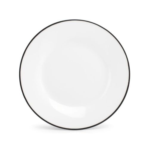 Plate Basic line 20 cm of white porcelain with black rim and 20 cm diameter, visible in frontal view. Plate Basic line 20 cm of white porcelain with black rim and 20 cm diameter, visible in frontal view.