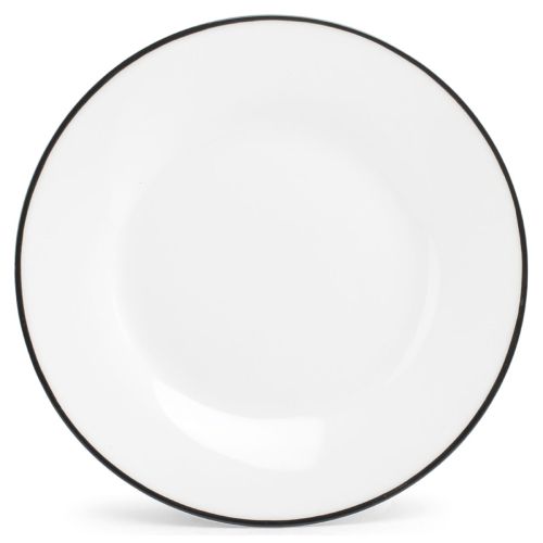 Rond porseleinen bord van 27 cm uit de Basic lijn met groene rand, wit en symmetrisch van voren gezien.