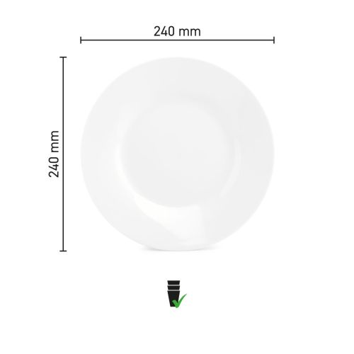 Infographic met productafmetingen van bord Basic lijn 27 cm porselein, inclusief diameter.