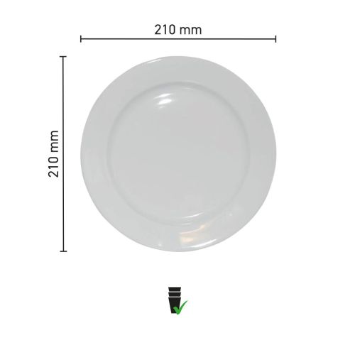 Technische werktekening toont maatvoering van bord brede rand 21 cm in porselein. Technische werktekening toont maatvoering van bord brede rand 21 cm in porselein.
