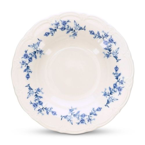 Vooraanzicht van diep bord Retro 24 cm in ivoor-blauw porselein met gladde afwerking en ronde rand.