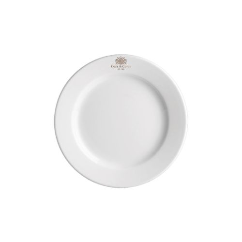 White porcelain plate Princip 15 cm with central one-colour CorkColor logo on front.