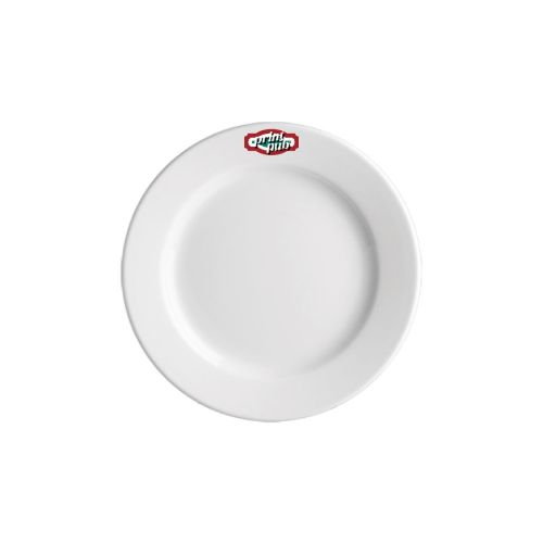 Front view of porcelain plate Princip 15 cm with striking multi-coloured PrintPub logo.