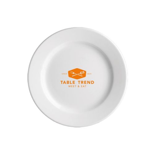 Vooraanzicht van het Bord Princip 17 cm porselein met enkelkleurig TableTrend-logo in het midden. Vooraanzicht van het Bord Princip 17 cm porselein met enkelkleurig TableTrend-logo in het midden.