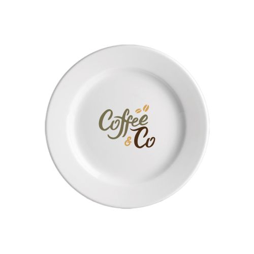 Vooraanzicht van het Bord Princip 17 cm porselein met meerkleurig CoffeeCo-logo centraal bedrukt. Vooraanzicht van het Bord Princip 17 cm porselein met meerkleurig CoffeeCo-logo centraal bedrukt.