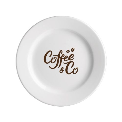 Porcelain Plate Princip 19 cm with print of CoffeeCo logo in one colour on the top surface.