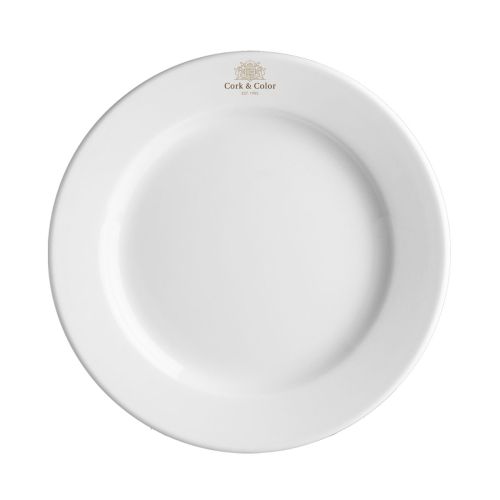 Voorzijde van Bord Princip 21 cm porselein met meerkleurig CorkColor-logo op het bordvlak. Voorzijde van Bord Princip 21 cm porselein met meerkleurig CorkColor-logo op het bordvlak.
