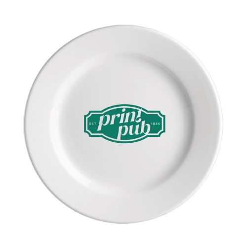Front view of Plate Princip 21 cm porcelain with single-colour PrintPub logo printed centrally.