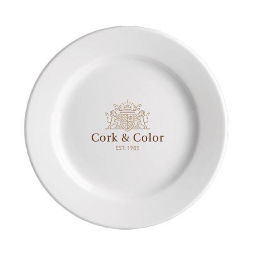 Front of Plate Princip 21 cm porcelain with multi-coloured CorkColor logo on the plate surface.