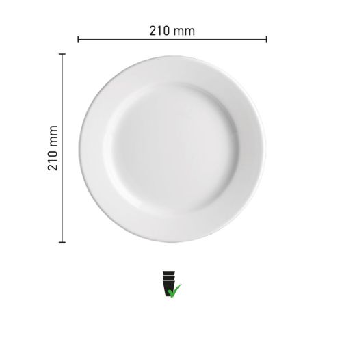 Infographic showing dimensions of the Plate Princip 21 cm porcelain, such as diameter and height.