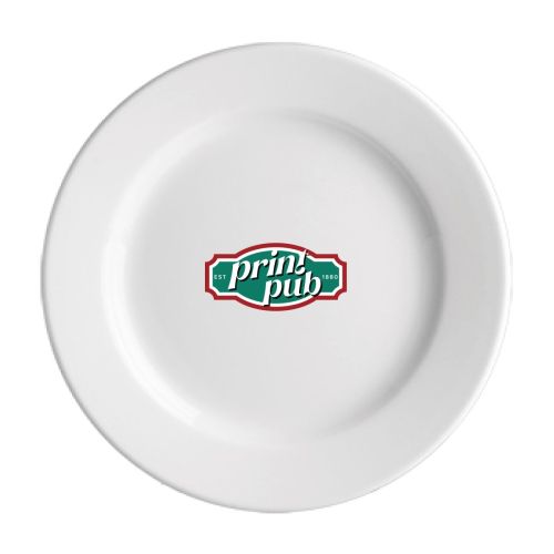 Multicoloured PrintPub logo on porcelain plate Princip 24 cm, visible in the centre of the plate.