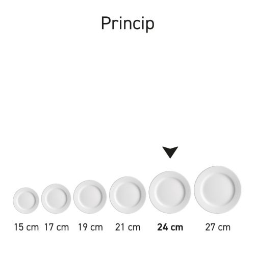 Overview of several plates Princip 24 cm porcelain in series, varying in content.