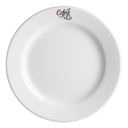 Princip bord 27 cm met éénkleurig CoffeeCo-logo gecentreerd op het witte porselein. Princip bord 27 cm met éénkleurig CoffeeCo-logo gecentreerd op het witte porselein.
