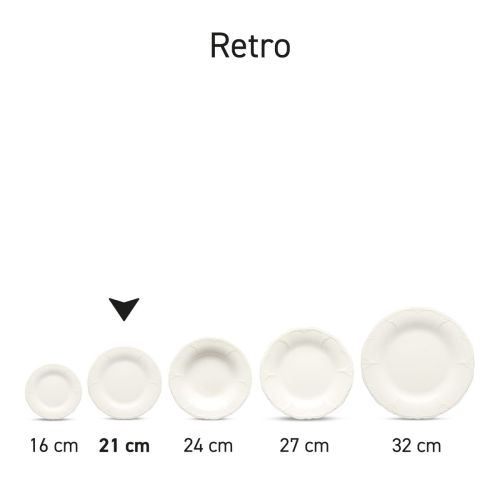 Meerdere borden Retro van porselein gepresenteerd als set in verschillende hoeken en stapeling.