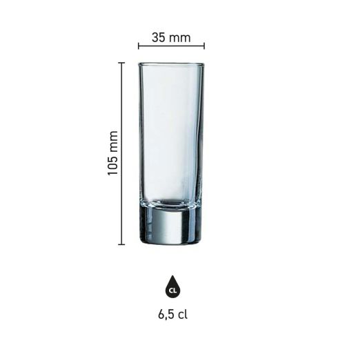 Infographic showing dimensions of shot glass Islande 6.5 cl. including diameter and height. Infographic showing dimensions of shot glass Islande 6.5 cl. including diameter and height.