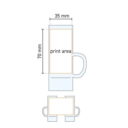 Technical working drawing with printing area on Islande shot glass 5.5 cl with ear, markings for printing. Technical working drawing with printing area on Islande shot glass 5.5 cl with ear, markings for printing.