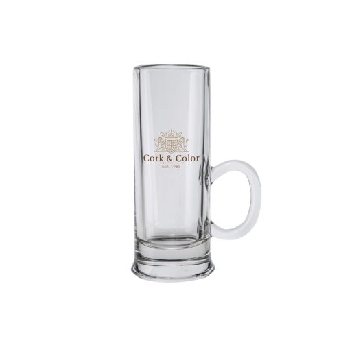 Shot glass Islande with ear 5.5 cl. with multicoloured CorkColor logo on front view, crystal clear base. Shot glass Islande with ear 5.5 cl. with multicoloured CorkColor logo on front view, crystal clear base.