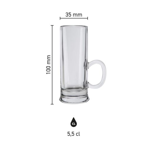 Infographic showing dimensions of Islande shot glass with ear 5.5 cl, including height and diameter. Infographic showing dimensions of Islande shot glass with ear 5.5 cl, including height and diameter.