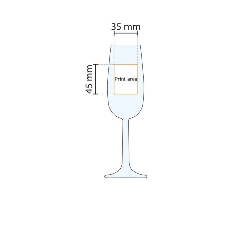 Drukgebied met maatverdeling op Bouquet champagneflute 17 cl. in technische tekening. Drukgebied met maatverdeling op Bouquet champagneflute 17 cl. in technische tekening.