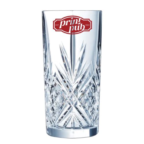 Broadway long drink glass 38 cl. with single-coloured PrintPub logo on front, on clear glass.