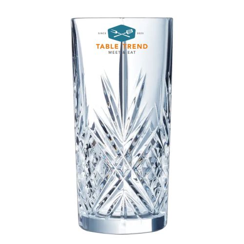 Broadway long drink glass 38 cl. printed with multicoloured TableTrend logo on the front of the glass.