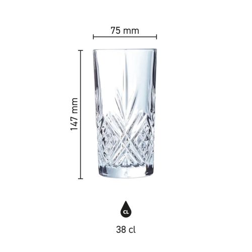 Infographic showing dimensions of Broadway long drink glass 38 cl, shown in millimetres.