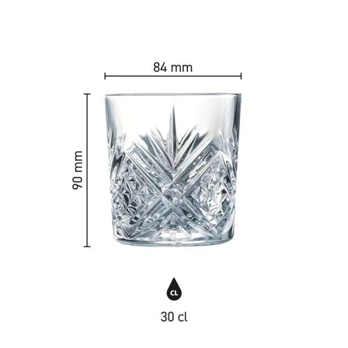 Infographic shows exact dimensions of the Broadway Tumbler glass 30 cl. in clear diagram.