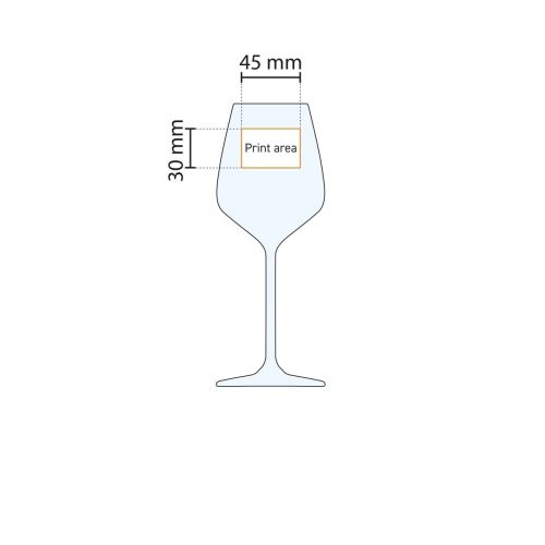 Illustratie van het drukgebied op Carre wijnglas 38 cl. met aanduiding voor logopositie. Illustratie van het drukgebied op Carre wijnglas 38 cl. met aanduiding voor logopositie.