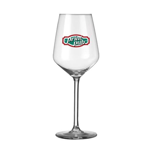 Voorzijde van Carre wijnglas 38 cl. met meerkleurig PrintPub-logo op het glas gedrukt. Voorzijde van Carre wijnglas 38 cl. met meerkleurig PrintPub-logo op het glas gedrukt.