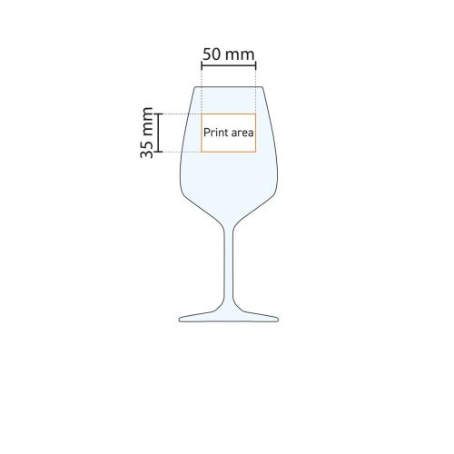 Drukgebiedweergave van het Carre wijnglas 53 cl. met markering voor logopositie. Drukgebiedweergave van het Carre wijnglas 53 cl. met markering voor logopositie.