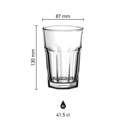 Infographic met technische maatvoering van het Casablanca Ice Tea glas 41,5 cl. in millimeters. Infographic met technische maatvoering van het Casablanca Ice Tea glas 41,5 cl. in millimeters.