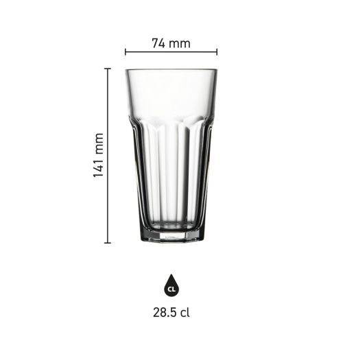 Infographic shows glass dimensions of Casablanca Latte High 28.5 cl. in millimetres and proportions. Infographic shows glass dimensions of Casablanca Latte High 28.5 cl. in millimetres and proportions.