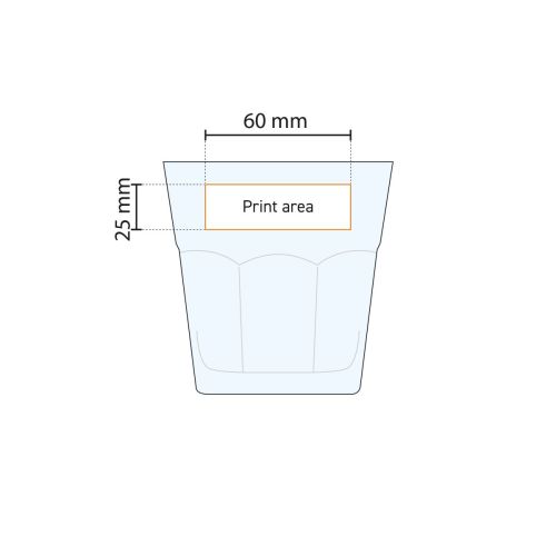 Casablanca Rocks glass 24.5 cl. with printing area indicated in technical working drawing for logo position.