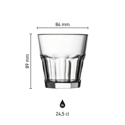 Infographic shows glass size of Casablanca Rocks 24.5 cl. with measurement lines and scale.