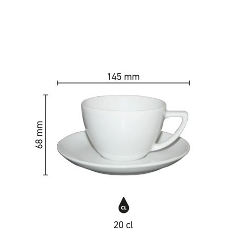 Infographic shows technical dimensions of Classic Cappuccino 20 cl porcelain SET.
