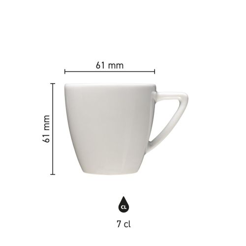 Infographic shows product dimensions of the Classic Espresso cup white 7 cl. in millimetres.