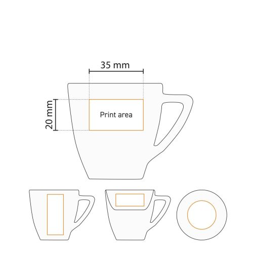 Technische werktekening met drukgebied van Classic Espresso wit 7 cl. SET porselein voor bedrukking. Technische werktekening met drukgebied van Classic Espresso wit 7 cl. SET porselein voor bedrukking.