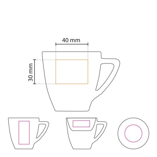 Technical working drawing shows printing area for logo imprint on Classic Coffee cup white 15 cl.