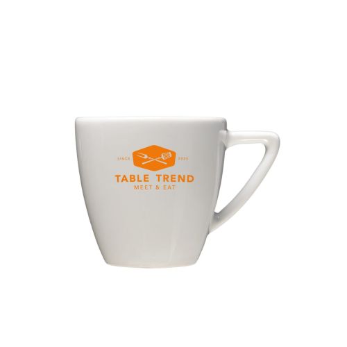 Front of Classic Coffee cup 15 cl. printed with one-coloured TableTrend logo on white porcelain.