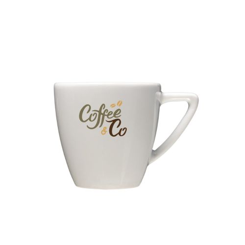 Porcelain coffee cup 15 cl. printed with multicoloured CoffeeCo logo on the front surface of the cup.