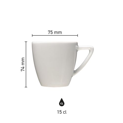 Infographic shows technical product dimensions of the Classic Coffee cup white 15 cl. in millimetres.