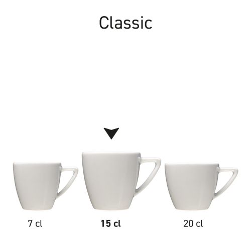 Overview of several Classic Coffee cups white as a series presented in a row.