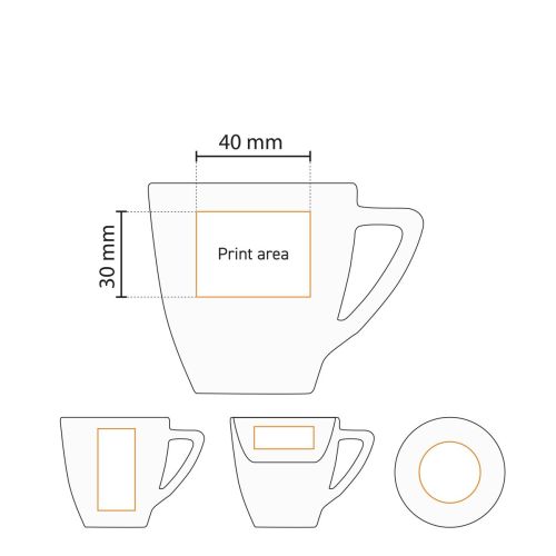 Detailed working drawing shows the printing area of Classic Coffee white 15 cl. SET porcelain.