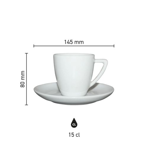 Infographic shows technical dimensions of Classic Coffee white 15 cl. SET porcelain in millimetres.