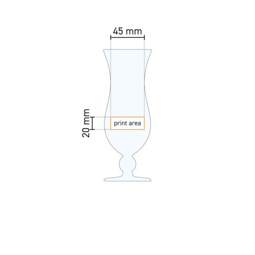Technical working drawing indicating printing area on cocktail glass Blue Hawai 44 cl. glass.
