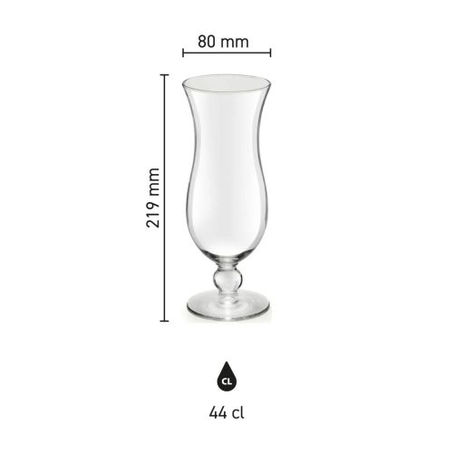 Infographic showing measurements of the Blue Hawai cocktail glass 44 cl. including contents and height.
